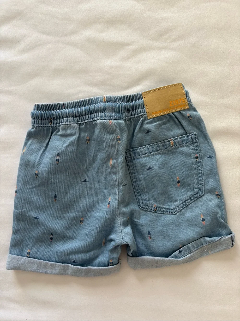 Zara Light Blue Denim-Feel Drawstring Shorts with Surf Print